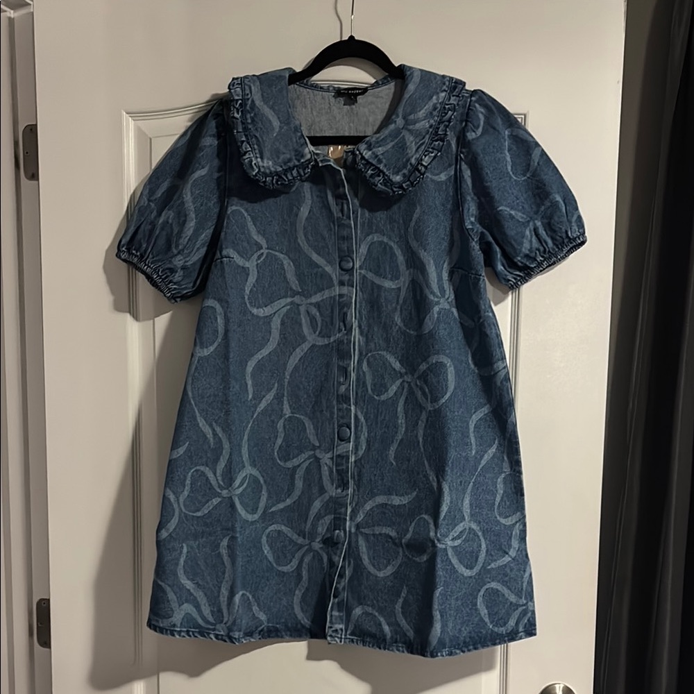Blue Denim Dress with Bow Pattern